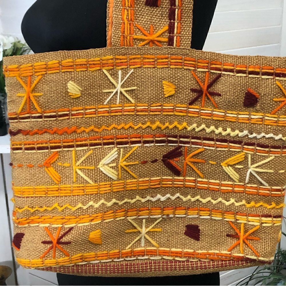Vintage Burlap Tote Bag Embroidered Tan Orange Cream - Picture 3 of 7